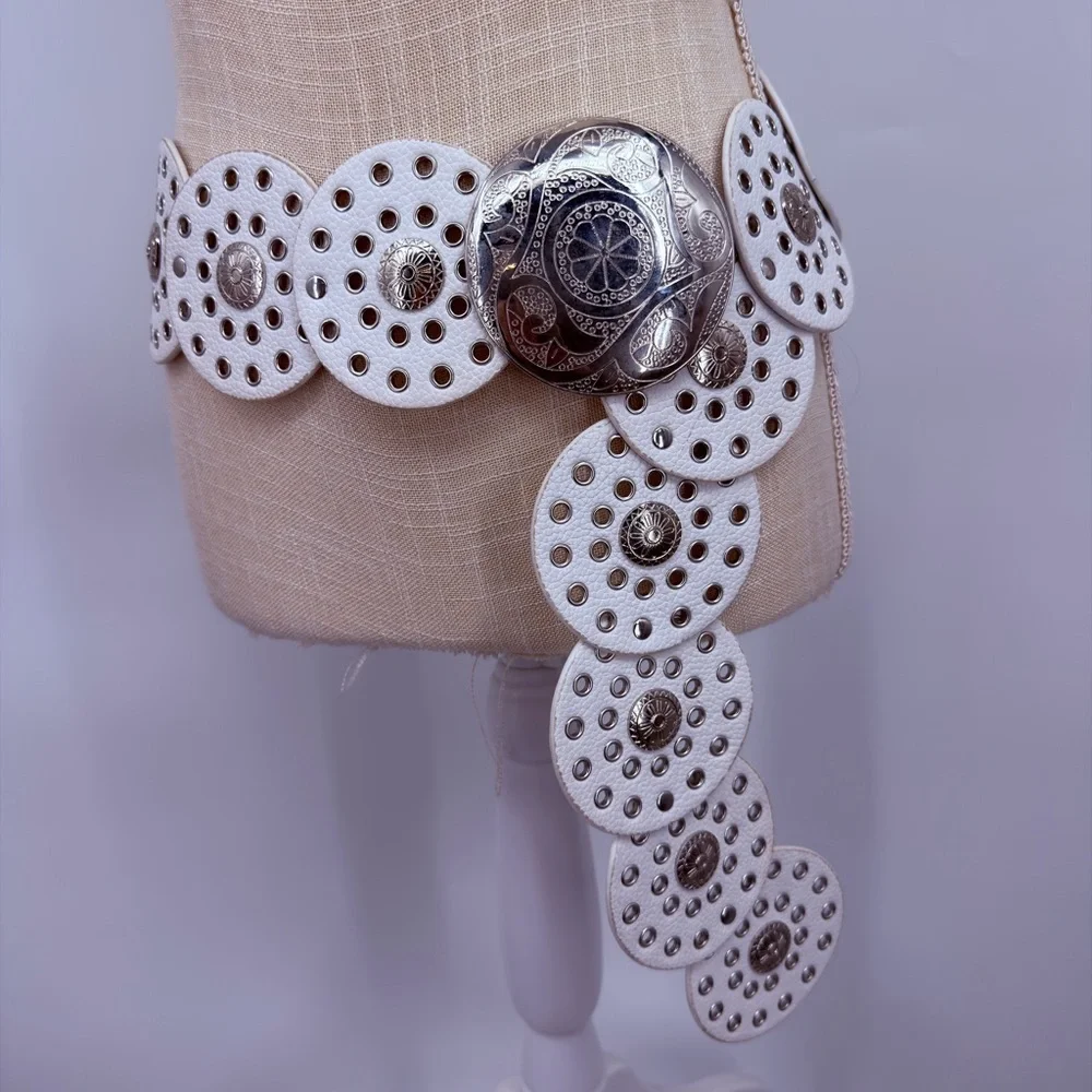 White Concho Disc Belt Western Boho Statement Festival OS
